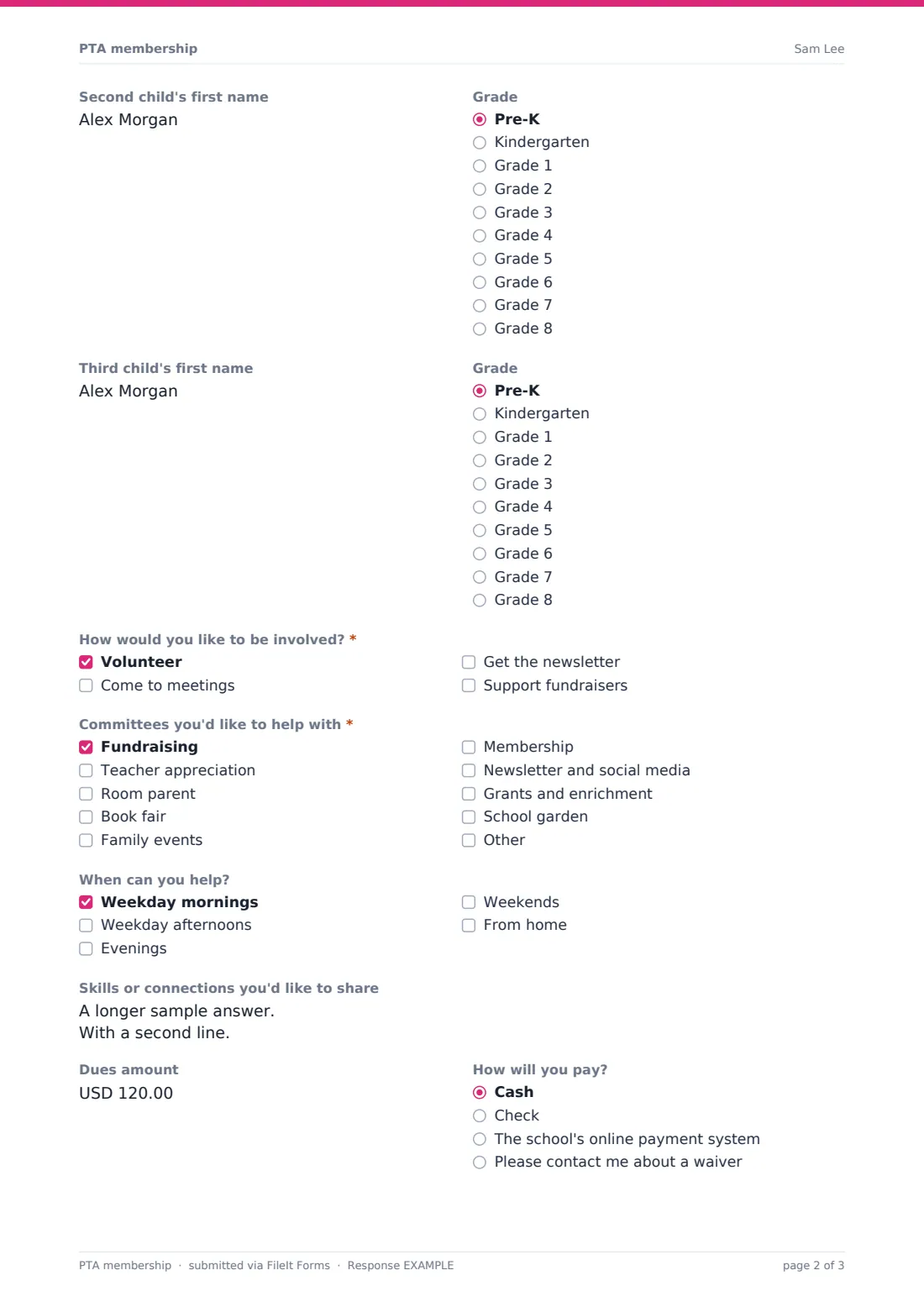 PTA membership — example response PDF, page 2 of 3