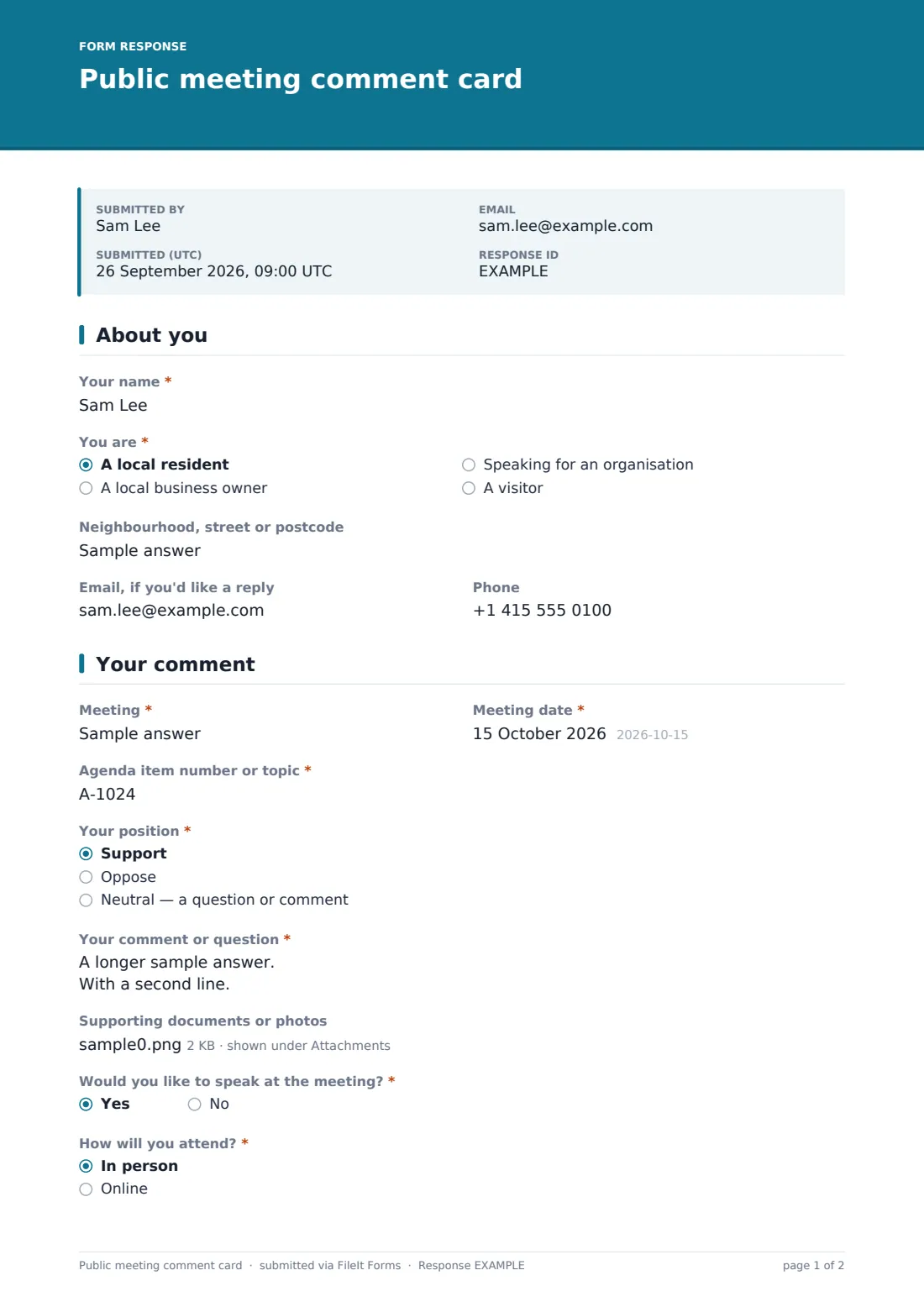 Public meeting comment card — example response PDF, page 1 of 2