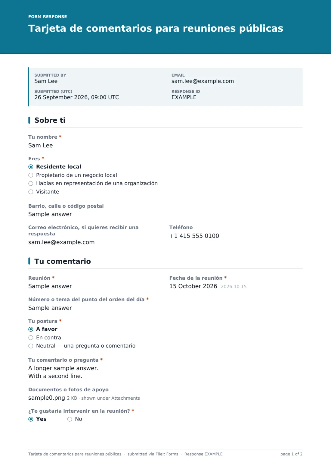 Tarjeta de comentarios para reuniones públicas — PDF de respuesta de ejemplo, página 1 de 2