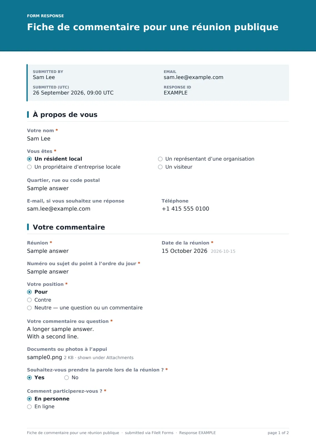 Fiche de commentaire pour une réunion publique — exemple de réponse au format PDF, page 1 sur 2