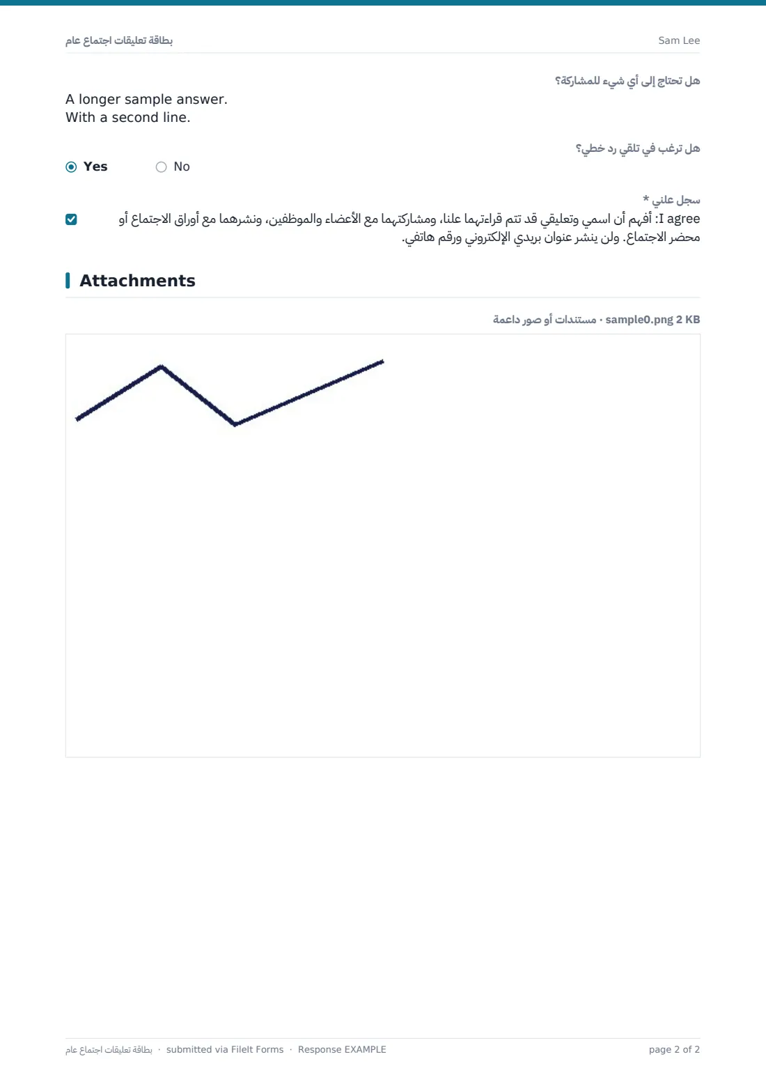 بطاقة تعليقات اجتماع عام — ملف PDF لرد نموذجي، الصفحة 2 من 2