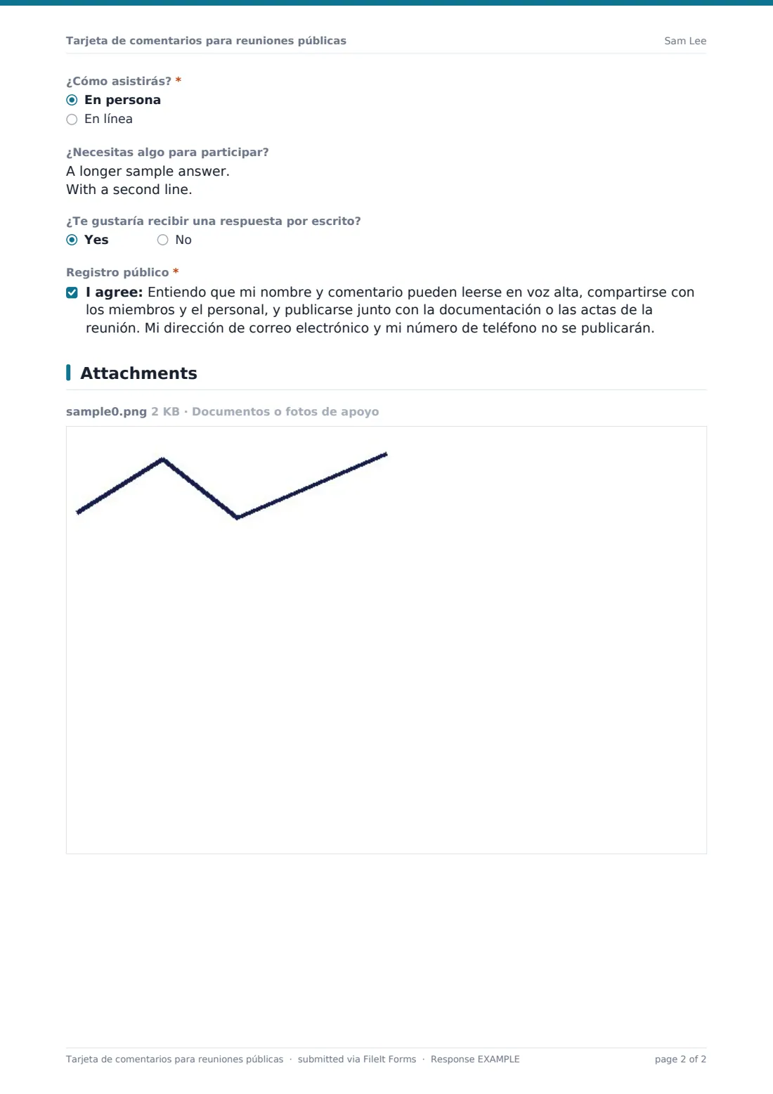 Tarjeta de comentarios para reuniones públicas — PDF de respuesta de ejemplo, página 2 de 2