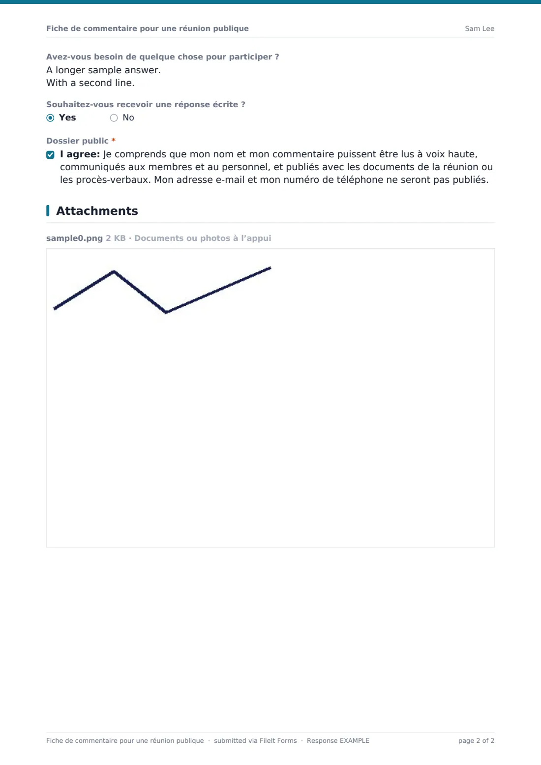 Fiche de commentaire pour une réunion publique — exemple de réponse au format PDF, page 2 sur 2