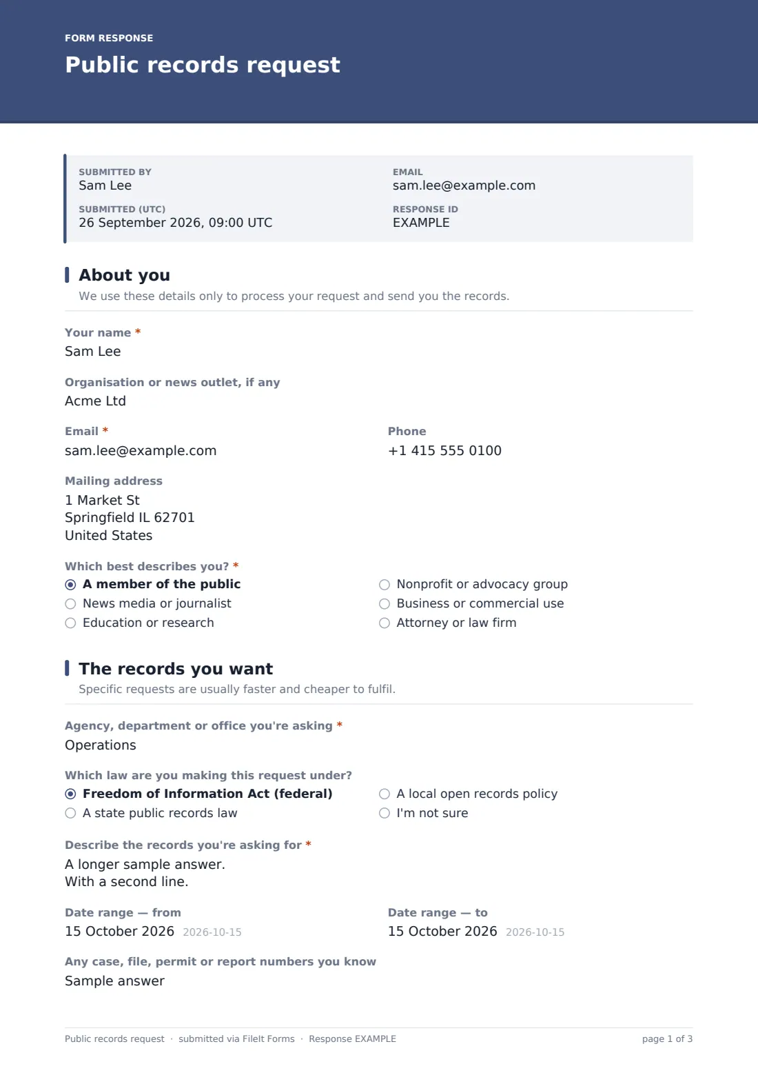 Public records request — example response PDF, page 1 of 3