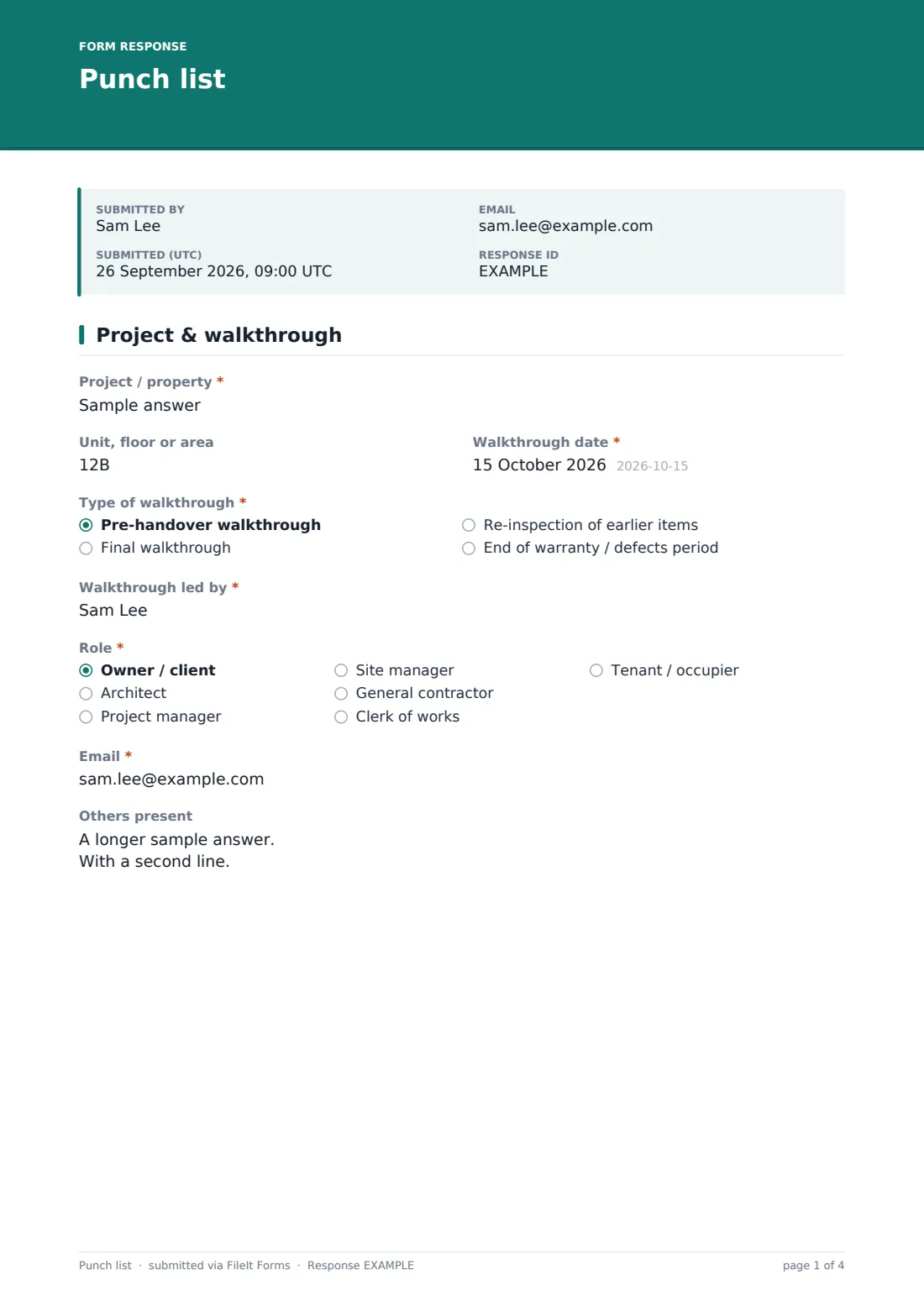 Punch list — example response PDF, page 1 of 4