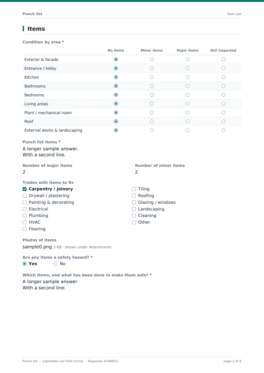 Punch list — example response PDF, page 2 of 4