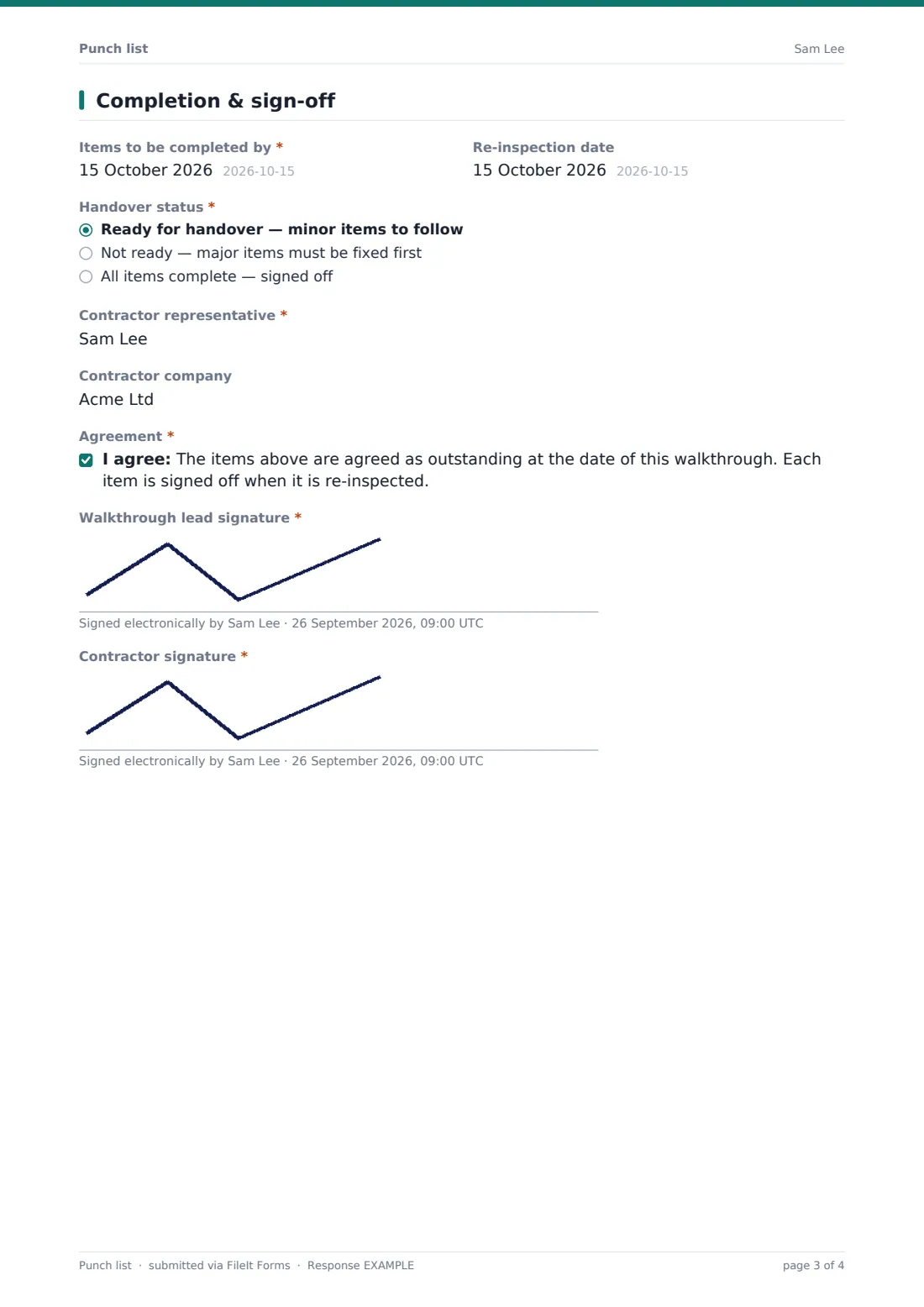 Punch list — example response PDF, page 3 of 4