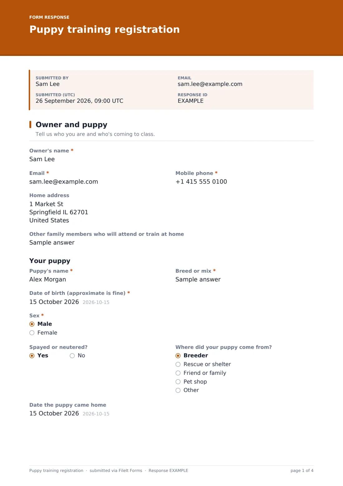 Puppy training registration — example response PDF, page 1 of 4