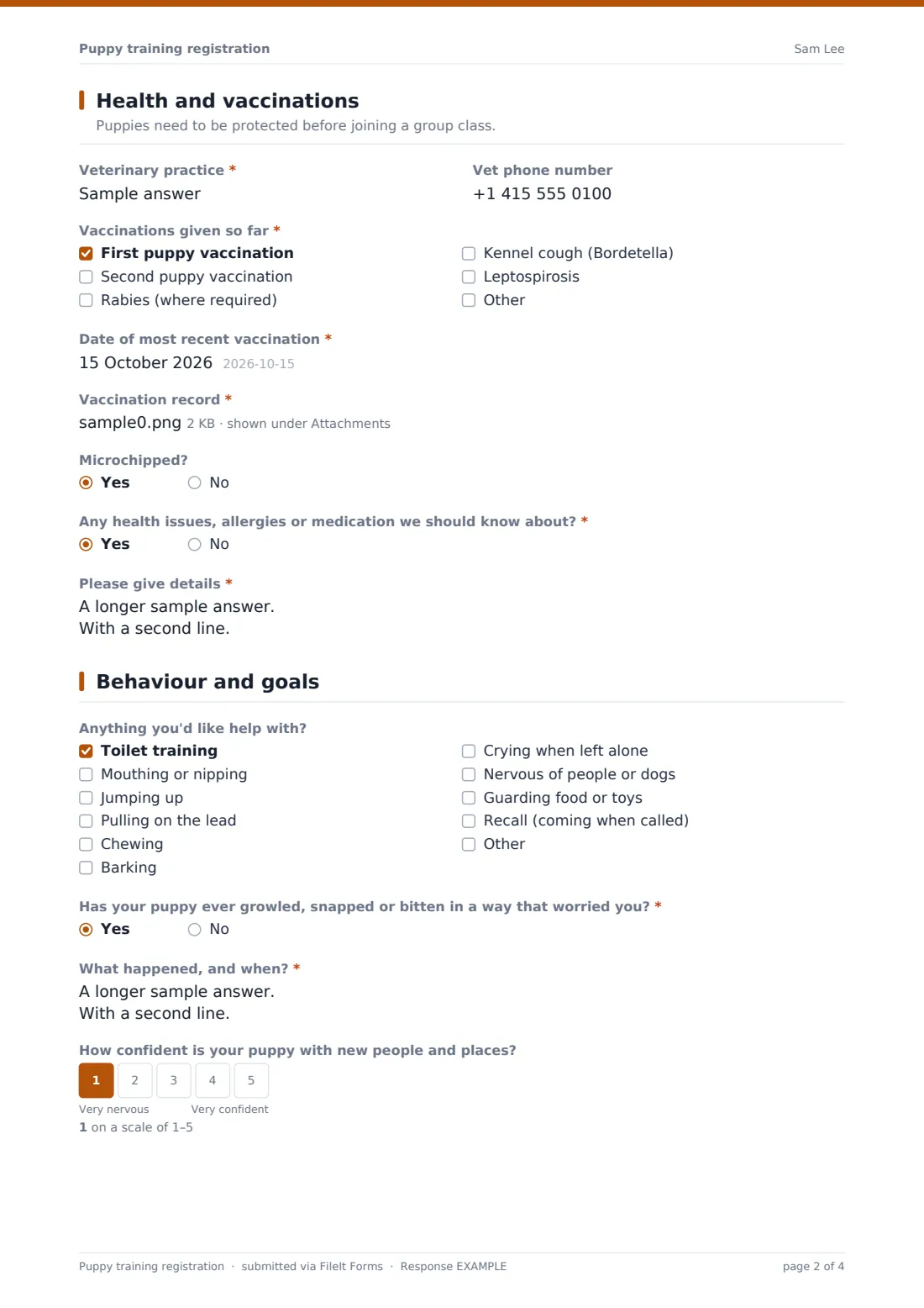 Puppy training registration — example response PDF, page 2 of 4