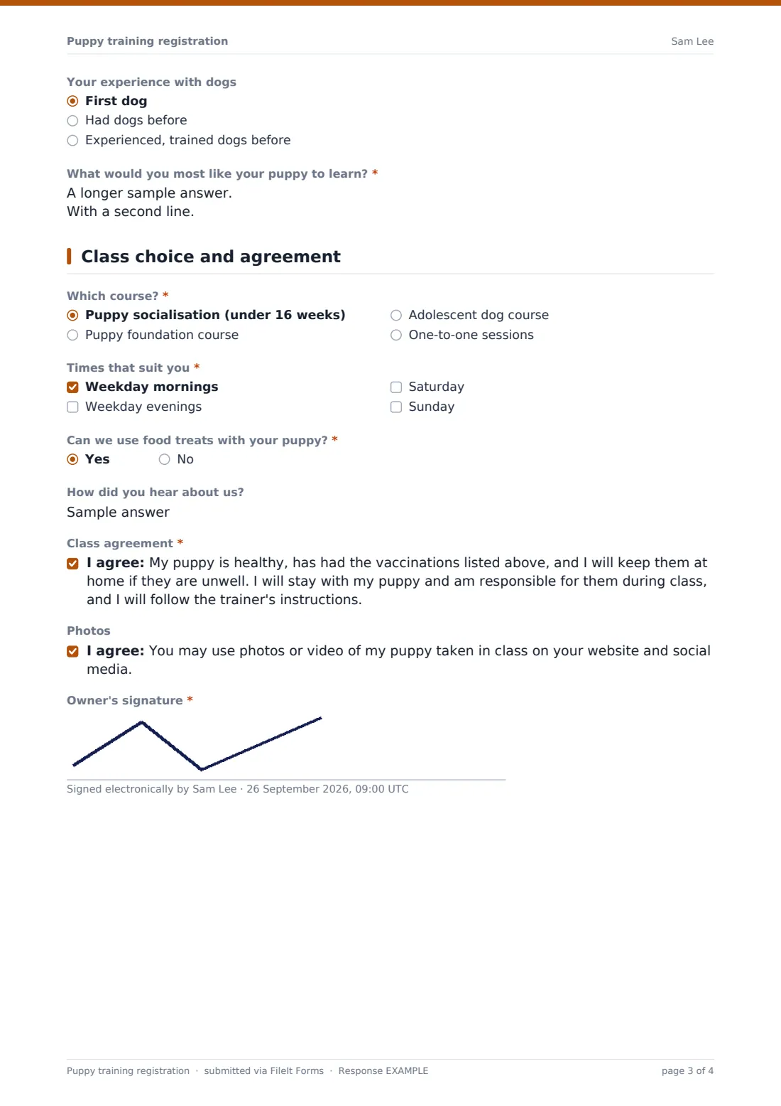 Puppy training registration — example response PDF, page 3 of 4