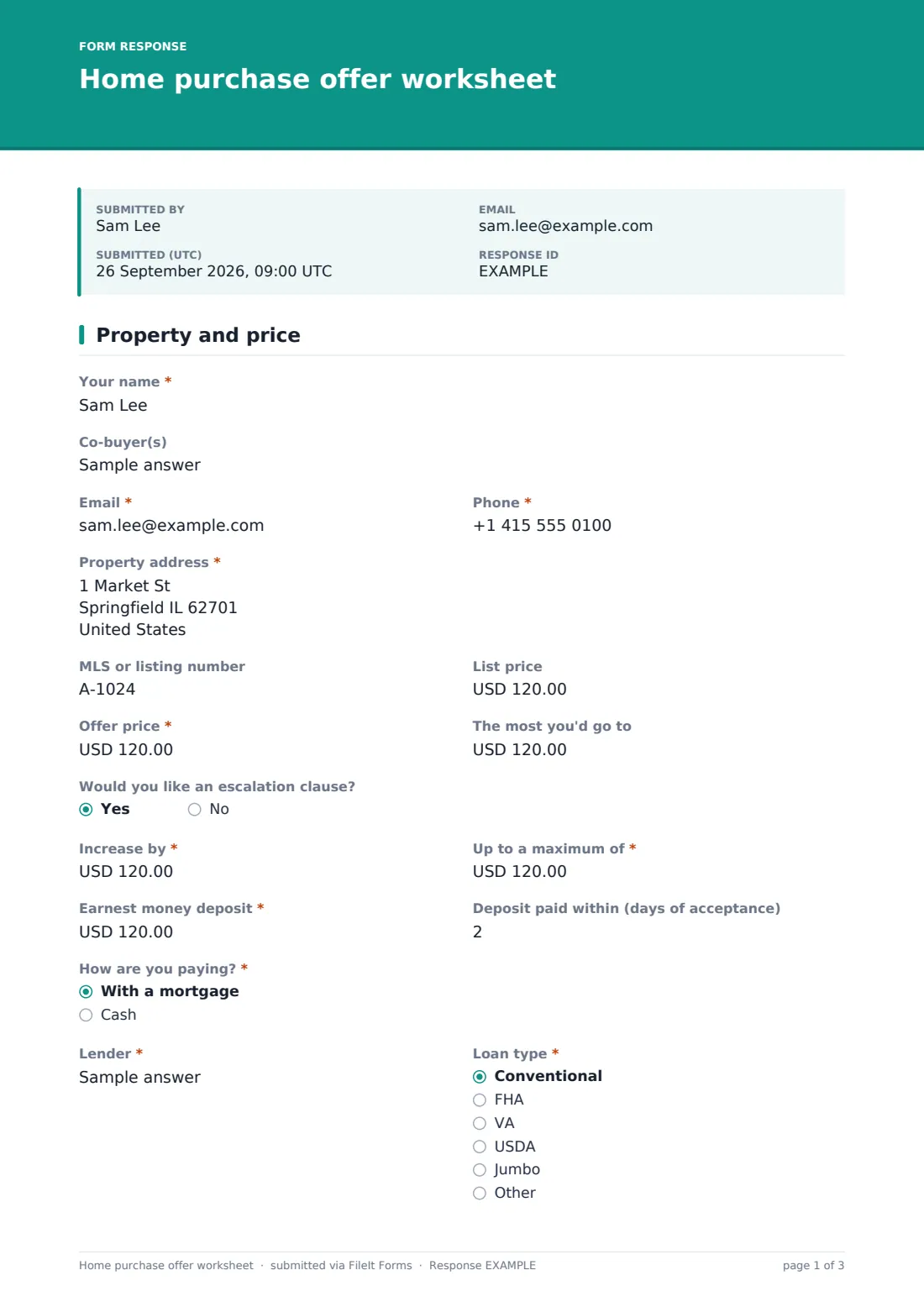 Home purchase offer worksheet — example response PDF, page 1 of 3