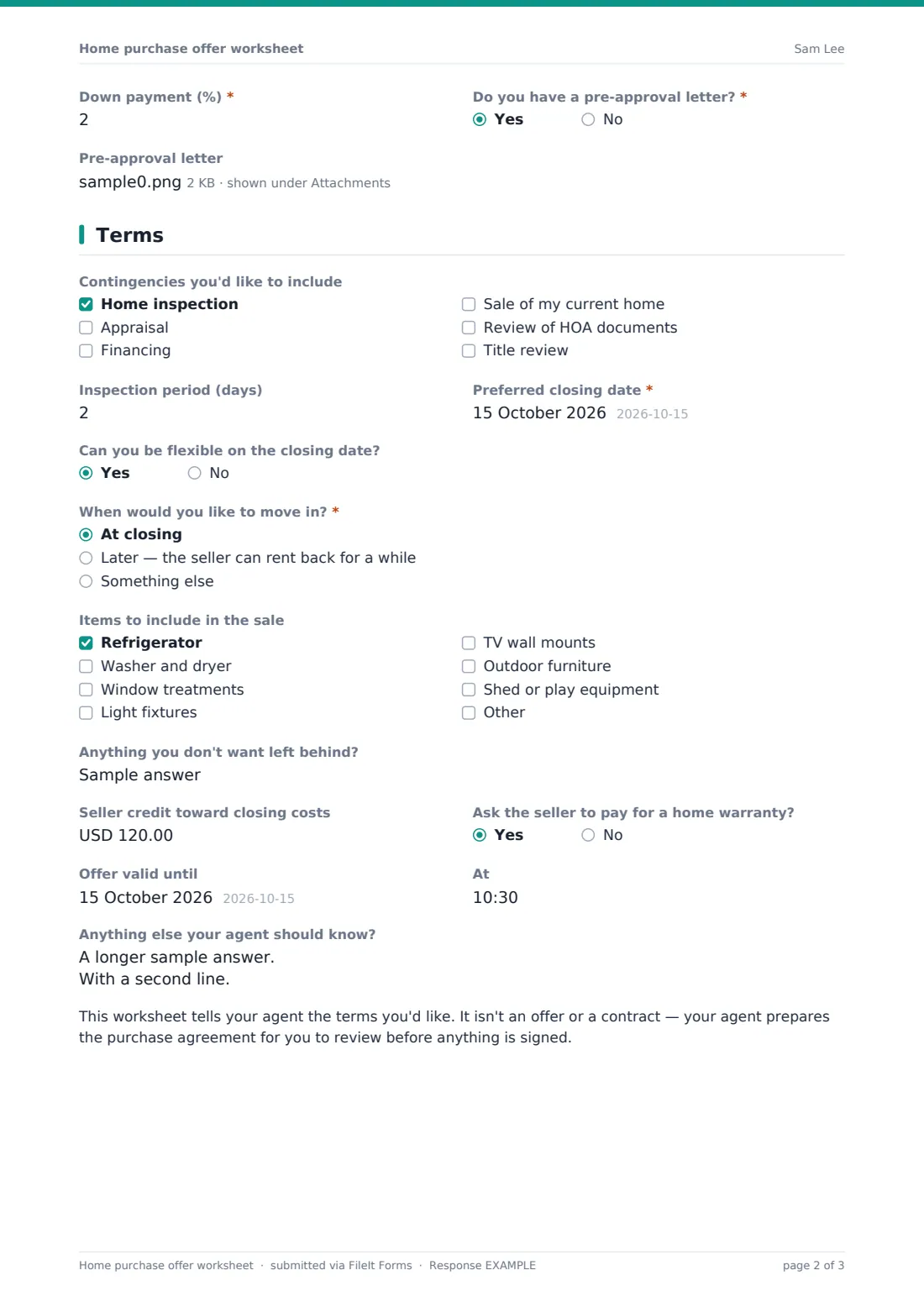 Home purchase offer worksheet — example response PDF, page 2 of 3