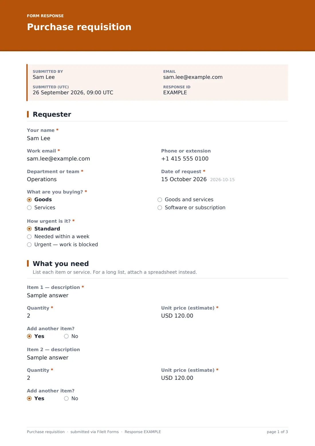 Purchase requisition — example response PDF, page 1 of 3