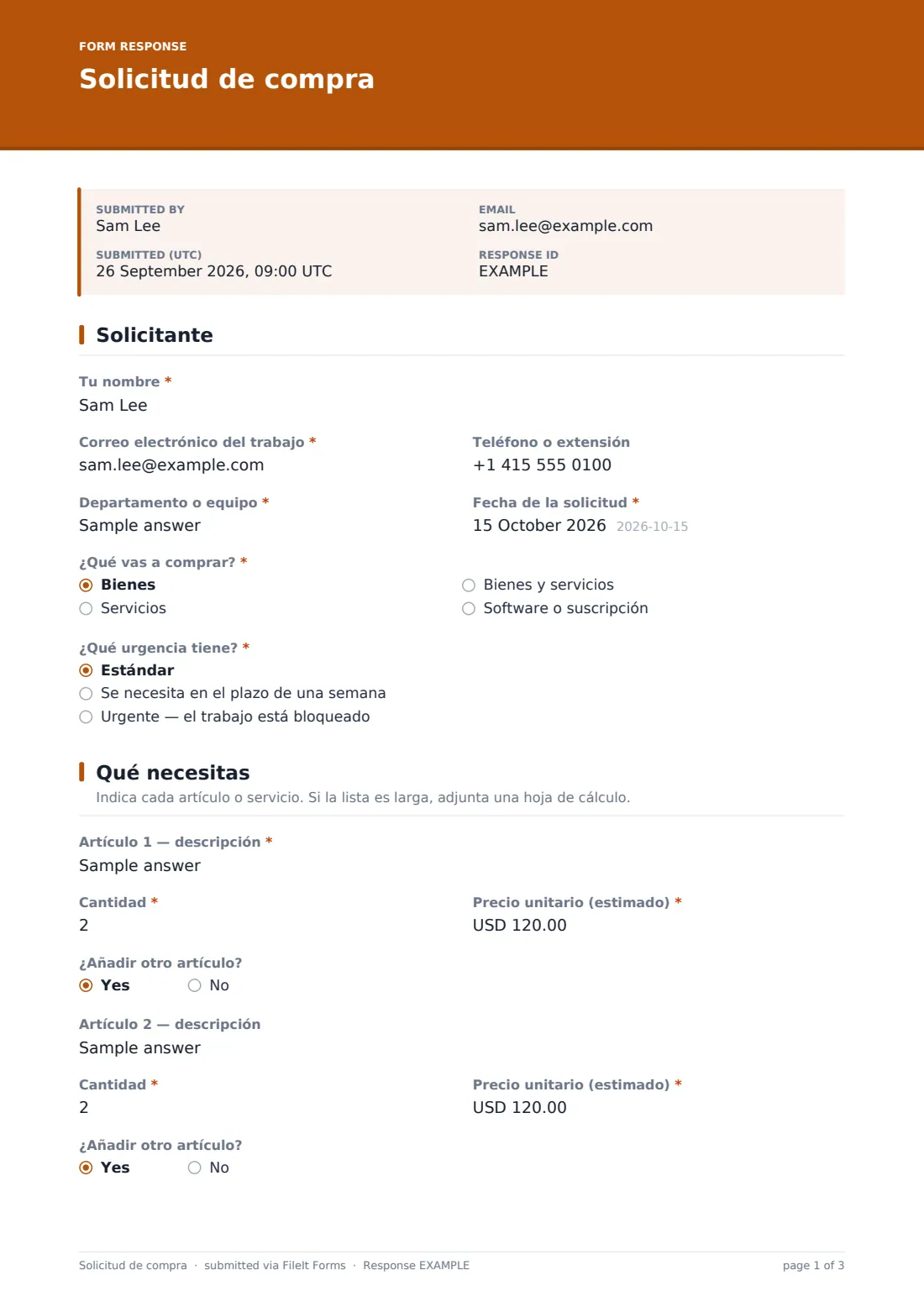 Solicitud de compra — PDF de respuesta de ejemplo, página 1 de 3