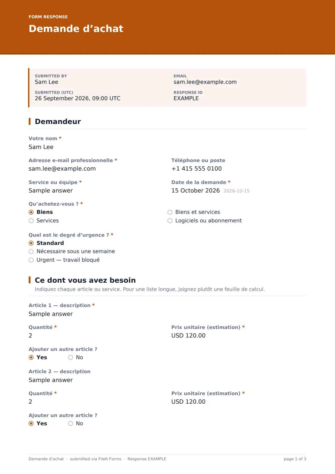 Demande d’achat — exemple de réponse au format PDF, page 1 sur 3