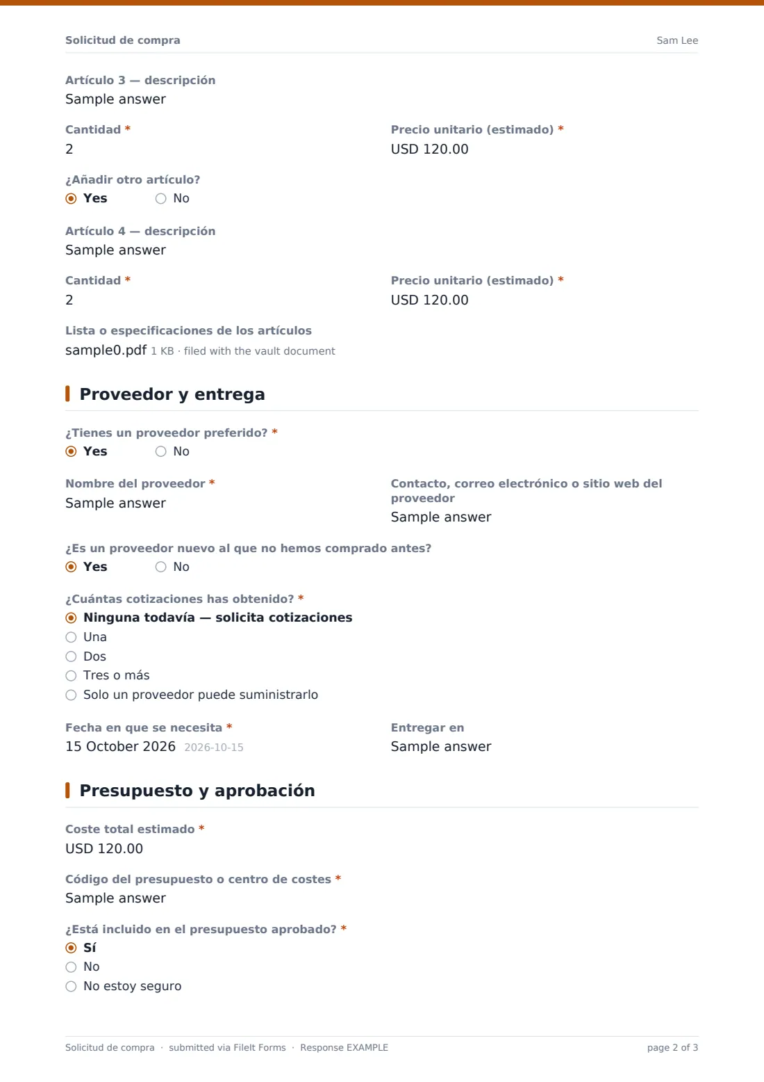 Solicitud de compra — PDF de respuesta de ejemplo, página 2 de 3