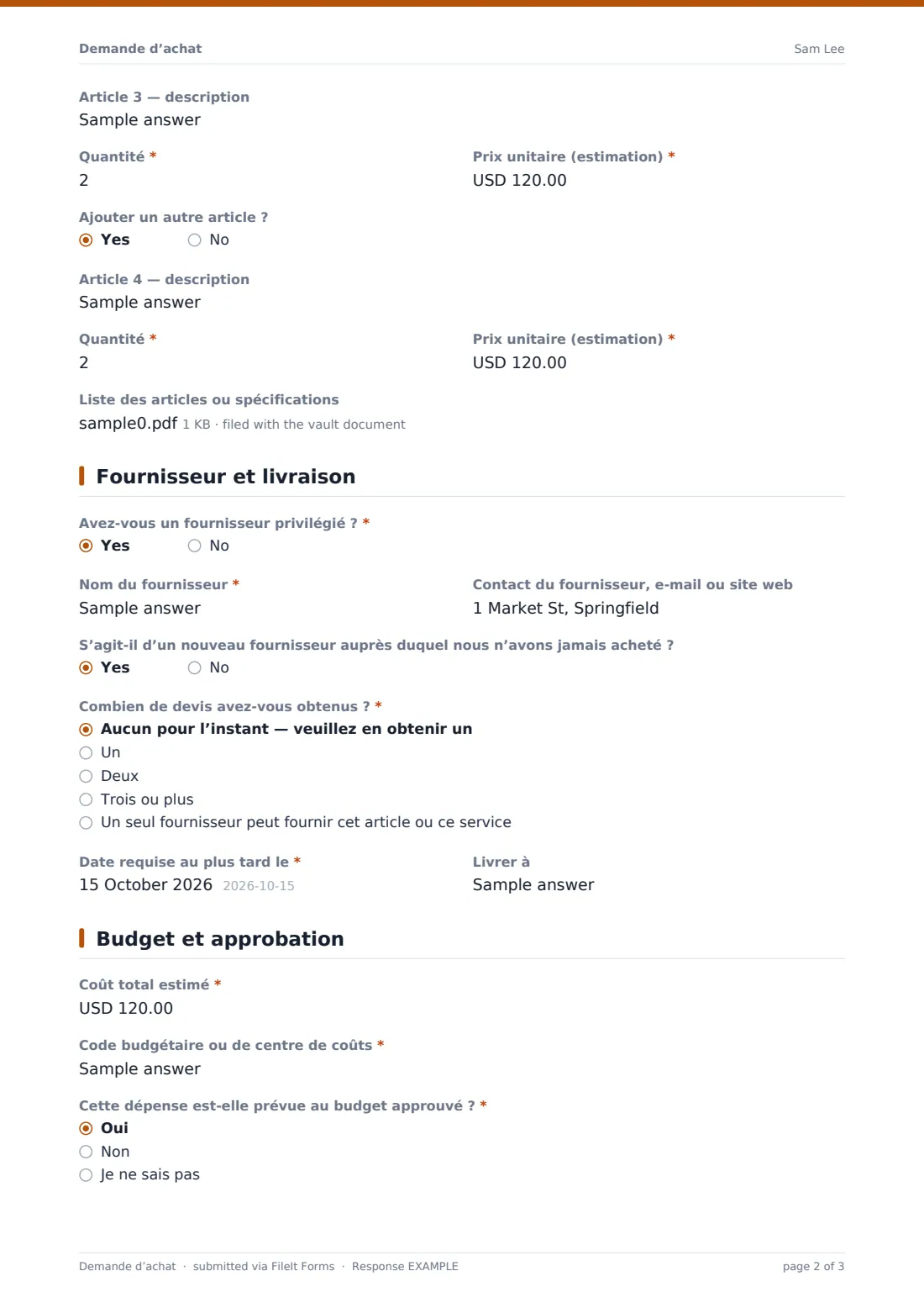 Demande d’achat — exemple de réponse au format PDF, page 2 sur 3