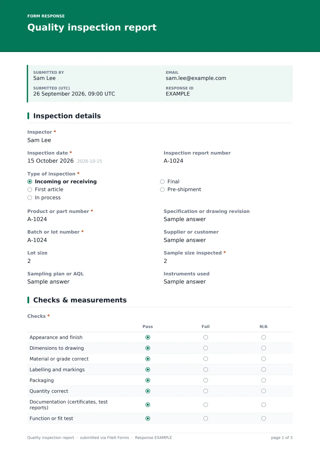Quality inspection report — example response PDF, page 1 of 3