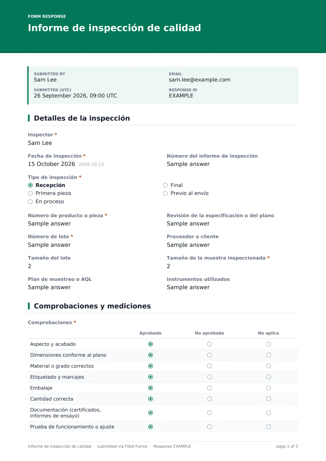 Informe de inspección de calidad — PDF de respuesta de ejemplo, página 1 de 3