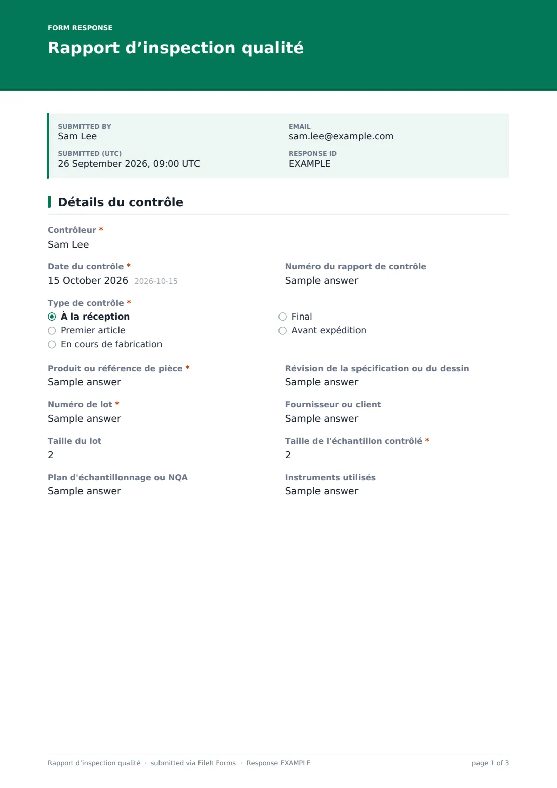 Rapport d’inspection qualité — exemple de réponse au format PDF, page 1 sur 3