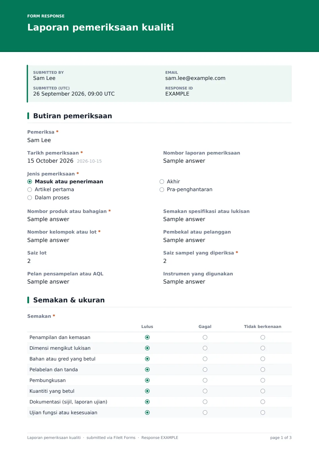 Laporan pemeriksaan kualiti — PDF respons contoh, halaman 1 daripada 3