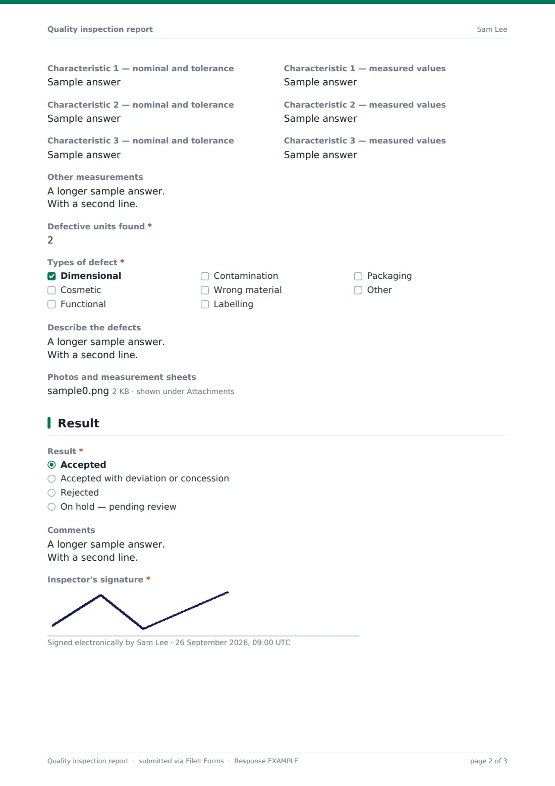 Quality inspection report — example response PDF, page 2 of 3