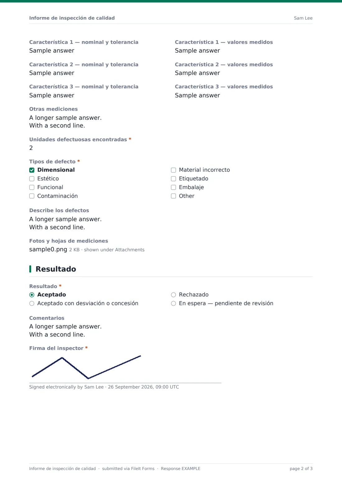 Informe de inspección de calidad — PDF de respuesta de ejemplo, página 2 de 3