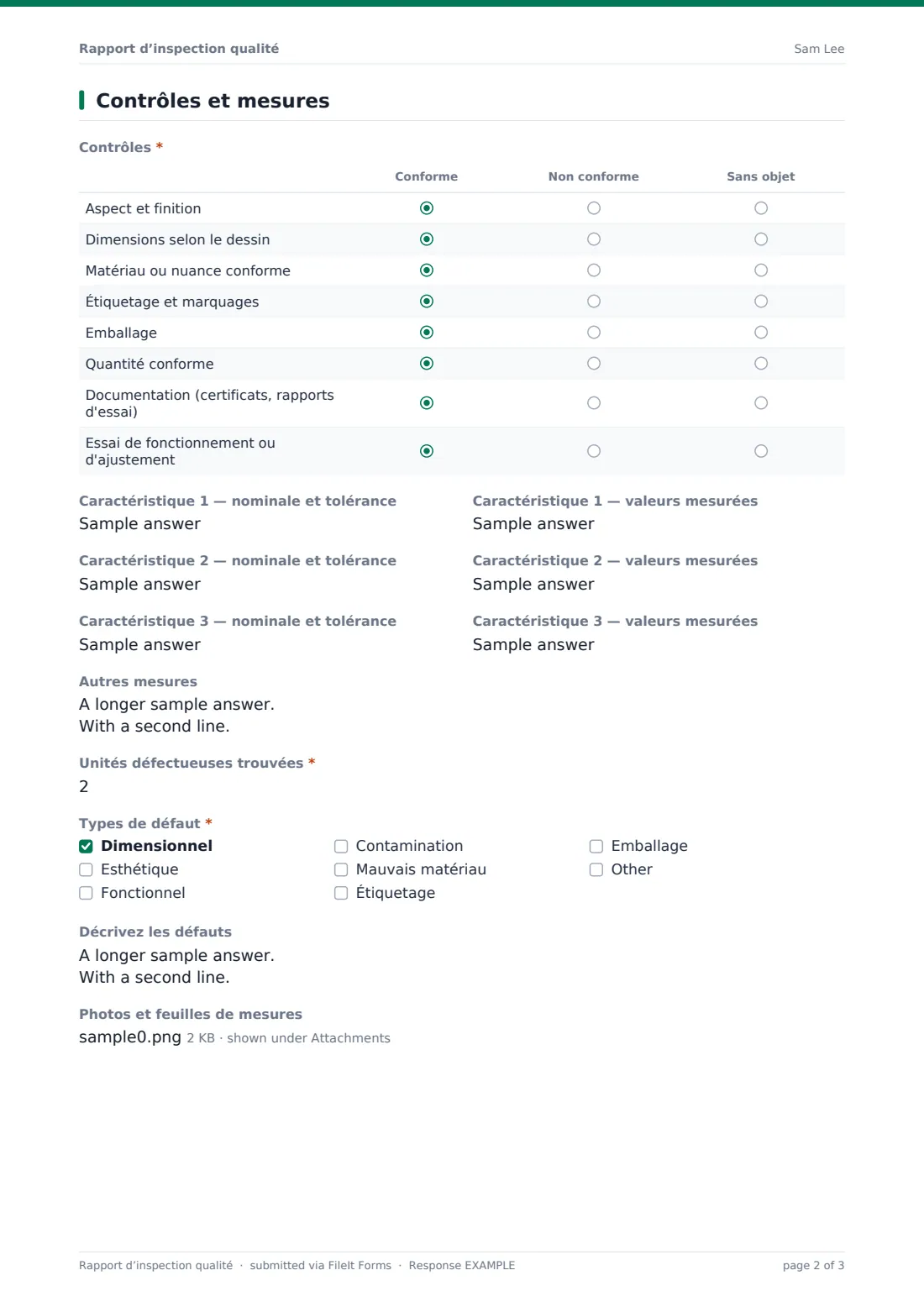 Rapport d’inspection qualité — exemple de réponse au format PDF, page 2 sur 3