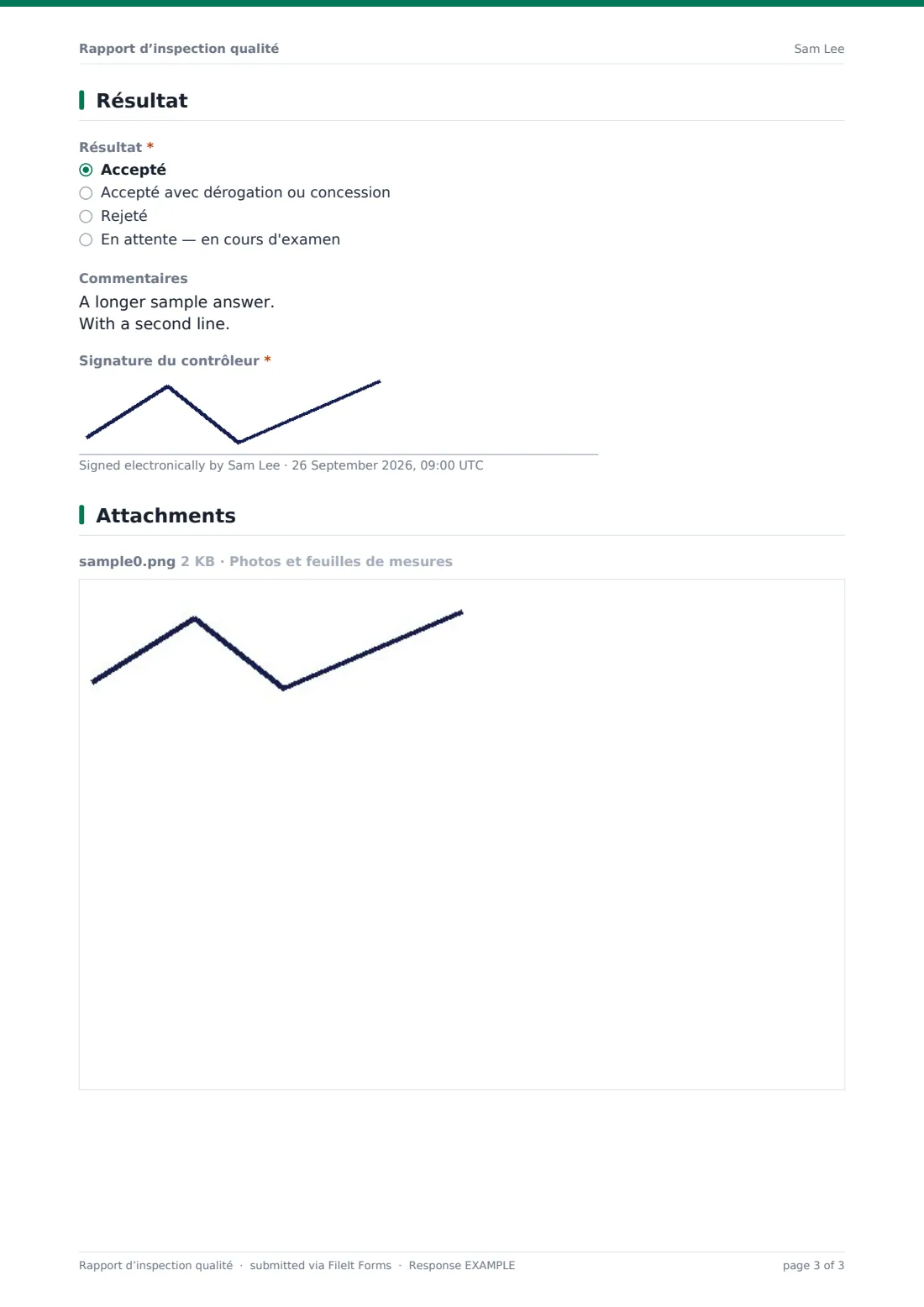 Rapport d’inspection qualité — exemple de réponse au format PDF, page 3 sur 3