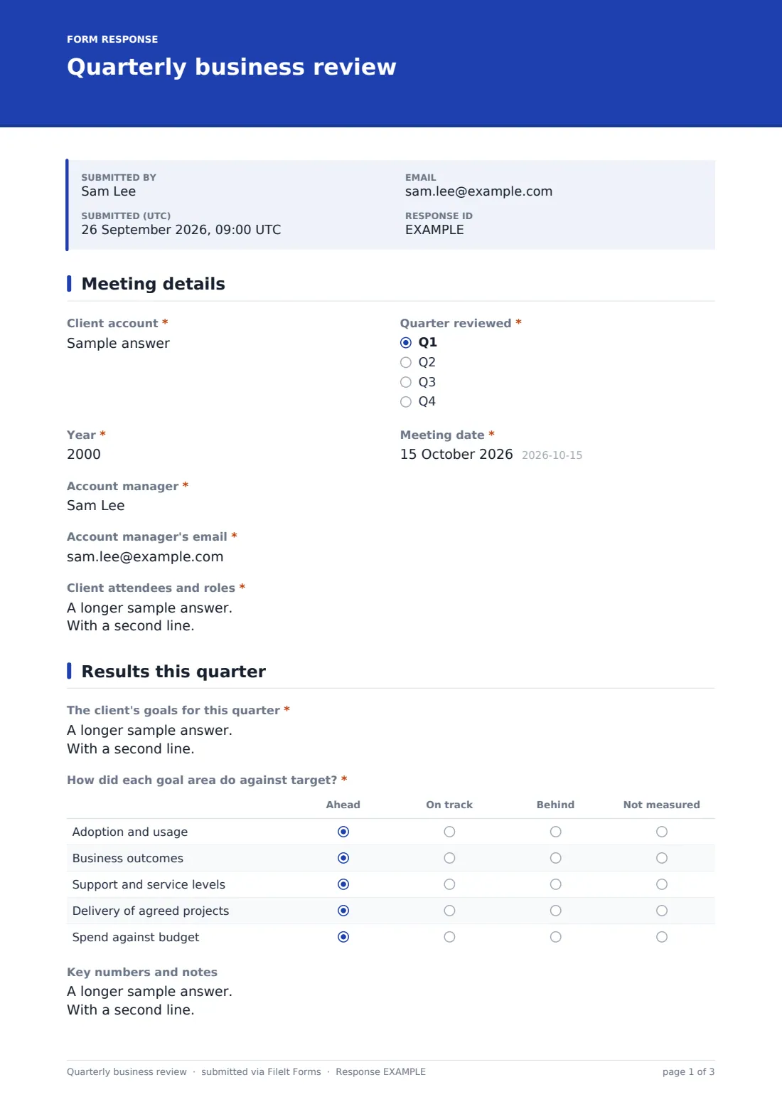 Quarterly business review — example response PDF, page 1 of 3