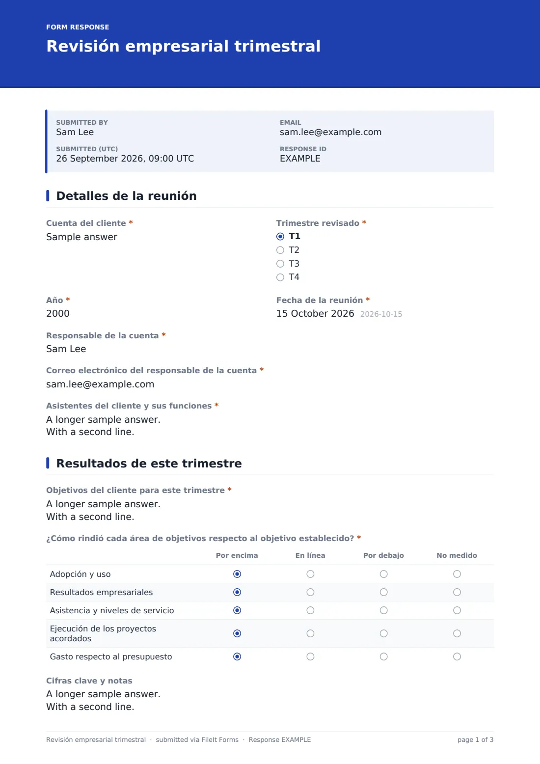 Revisión empresarial trimestral — PDF de respuesta de ejemplo, página 1 de 3