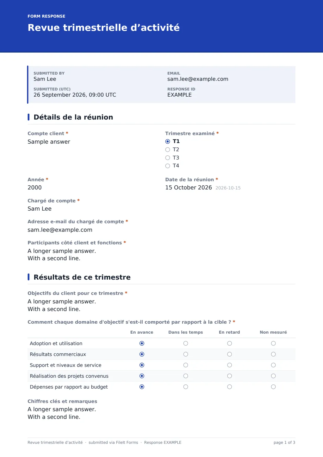 Revue trimestrielle d’activité — exemple de réponse au format PDF, page 1 sur 3