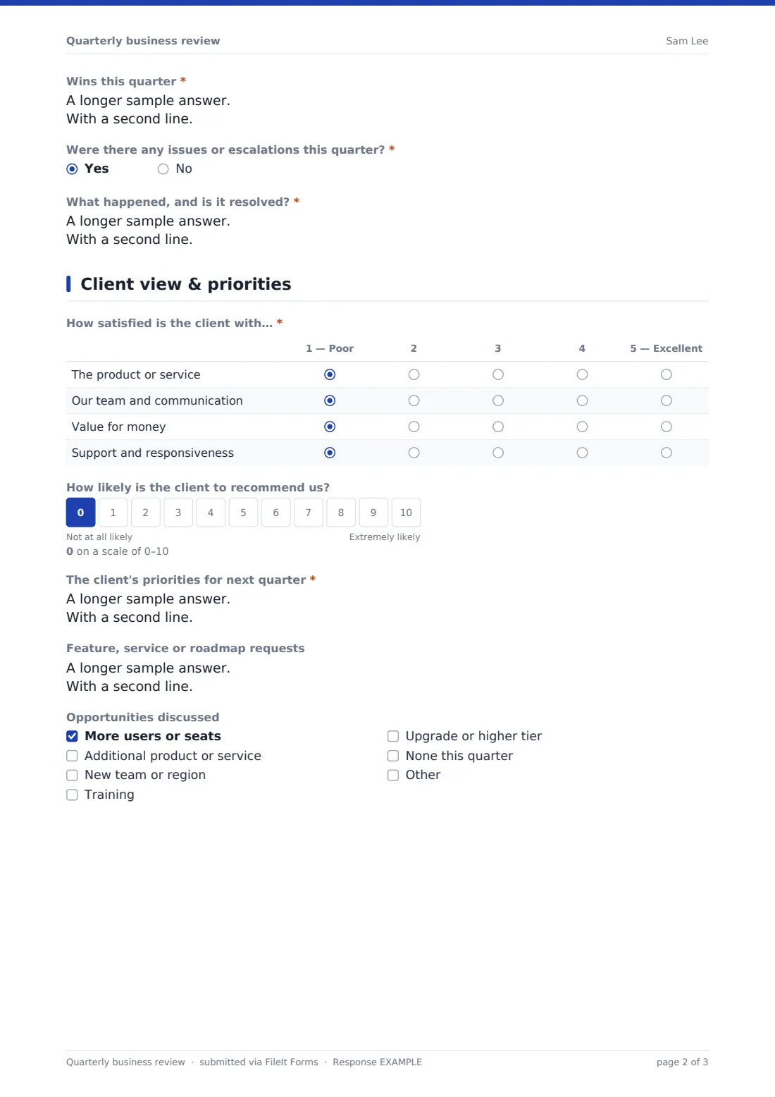 Quarterly business review — example response PDF, page 2 of 3