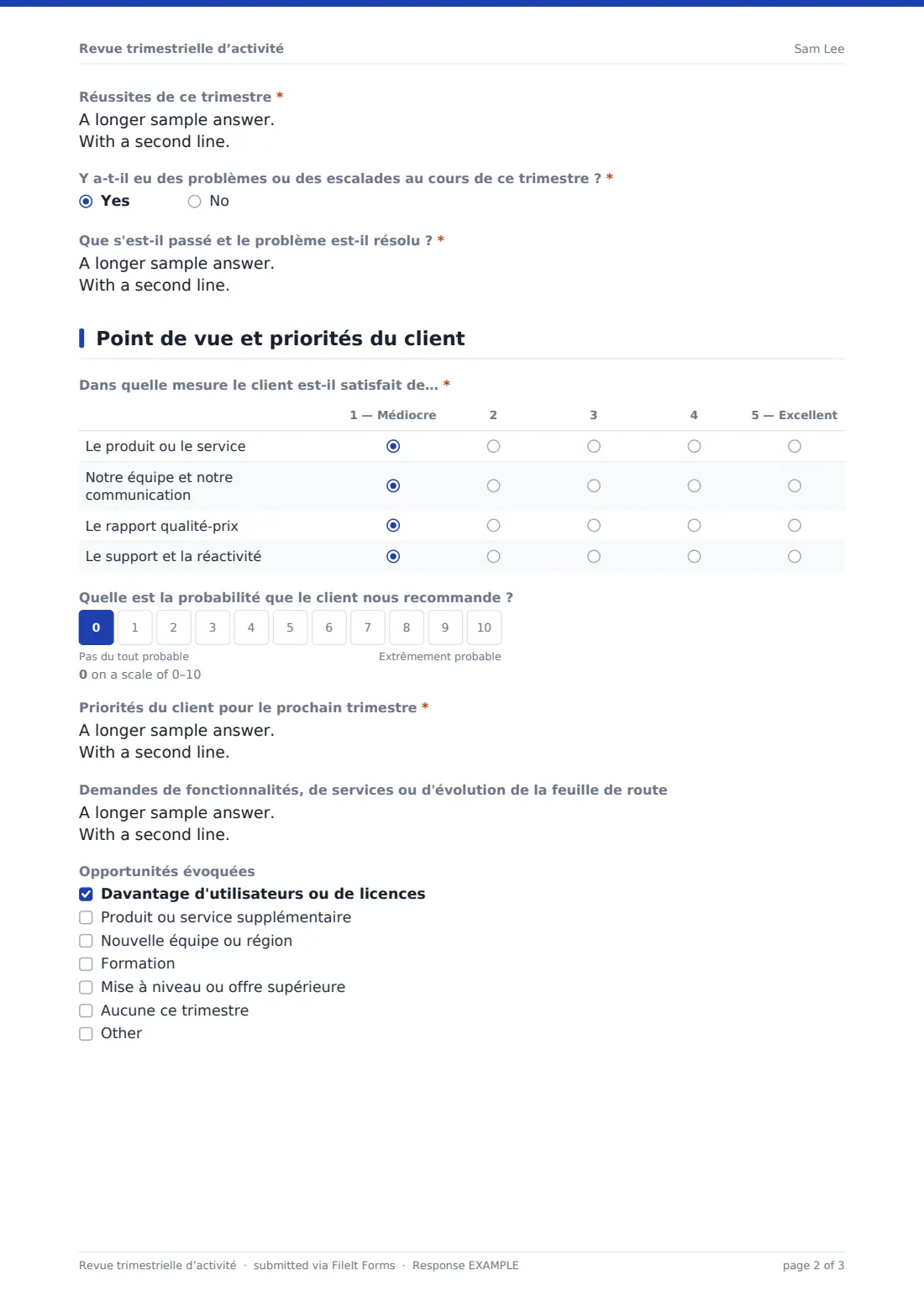 Revue trimestrielle d’activité — exemple de réponse au format PDF, page 2 sur 3