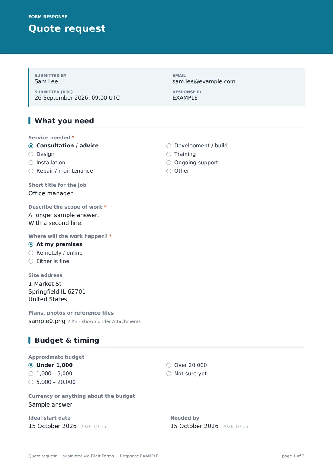 Quote request — example response PDF, page 1 of 3