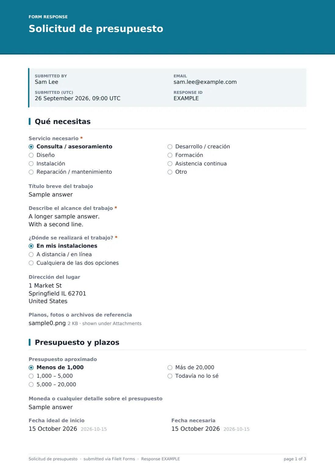 Solicitud de presupuesto — PDF de respuesta de ejemplo, página 1 de 3