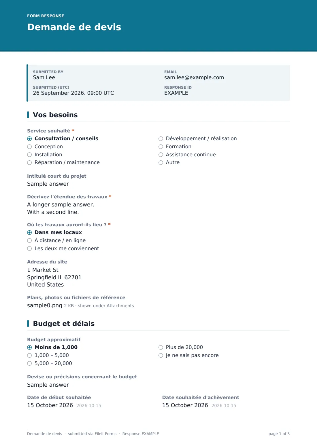 Demande de devis — exemple de réponse au format PDF, page 1 sur 3
