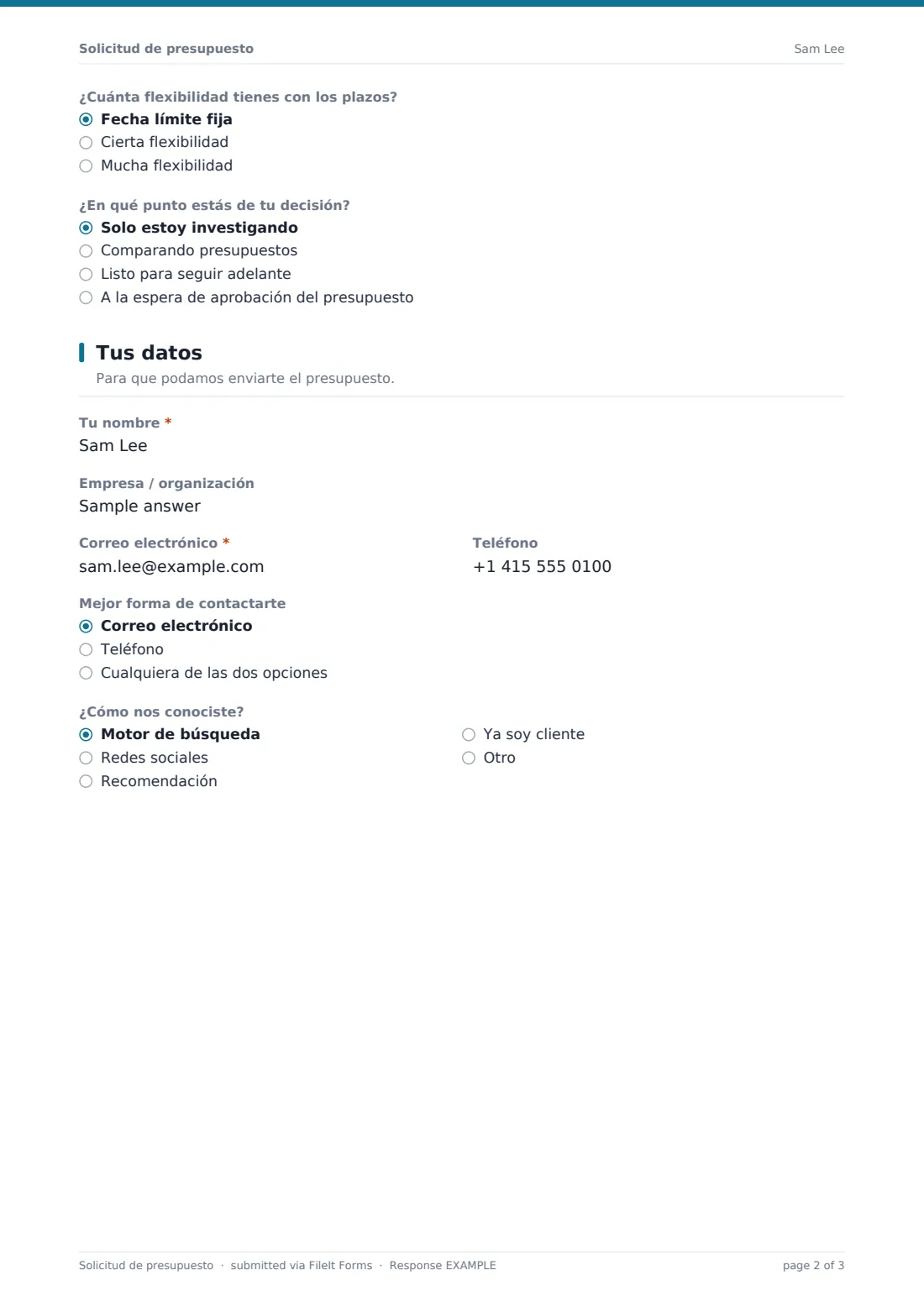 Solicitud de presupuesto — PDF de respuesta de ejemplo, página 2 de 3