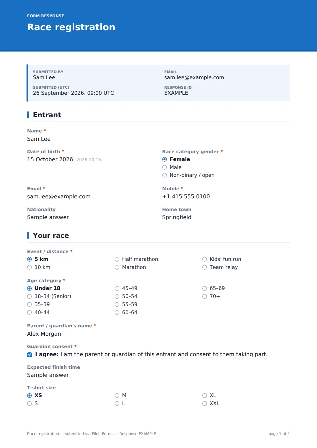 Race registration — example response PDF, page 1 of 2