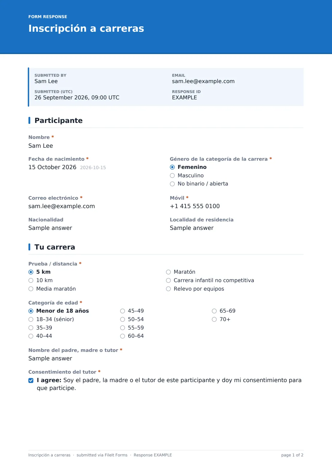 Inscripción a carreras — PDF de respuesta de ejemplo, página 1 de 2