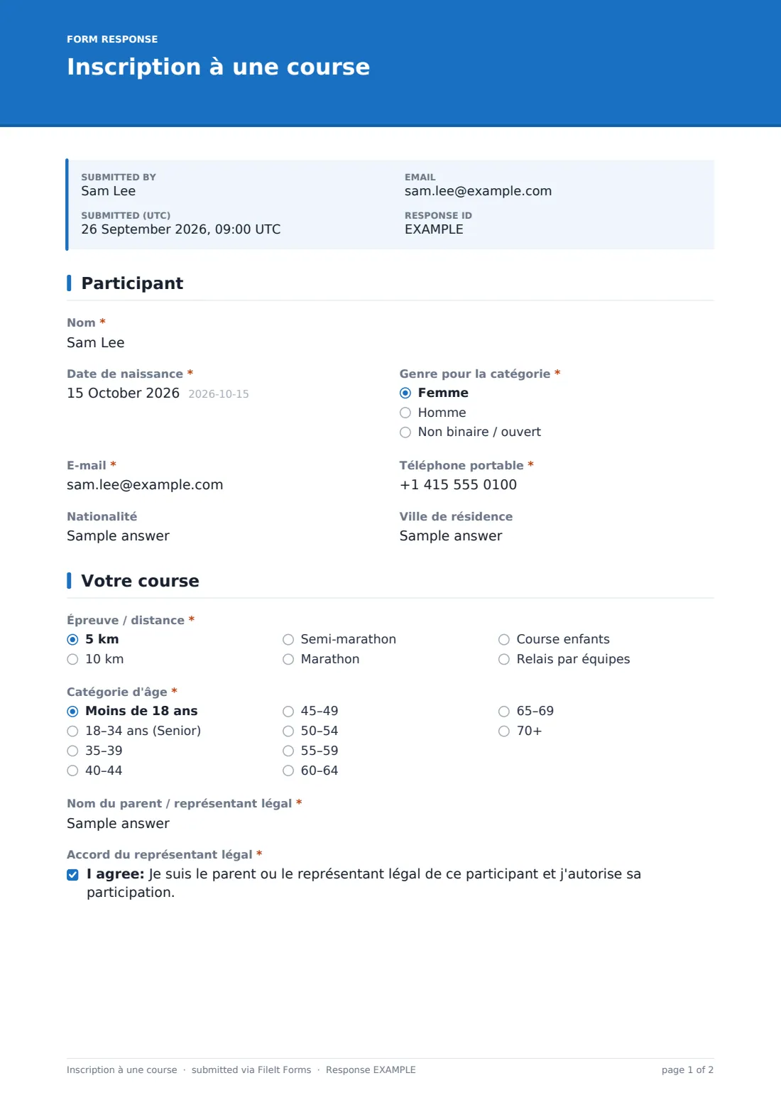 Inscription à une course — exemple de réponse au format PDF, page 1 sur 2