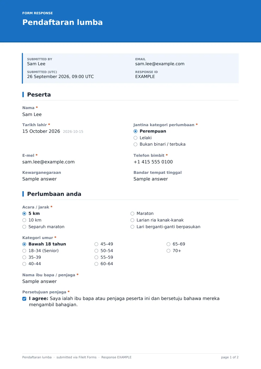 Pendaftaran lumba — PDF respons contoh, halaman 1 daripada 2