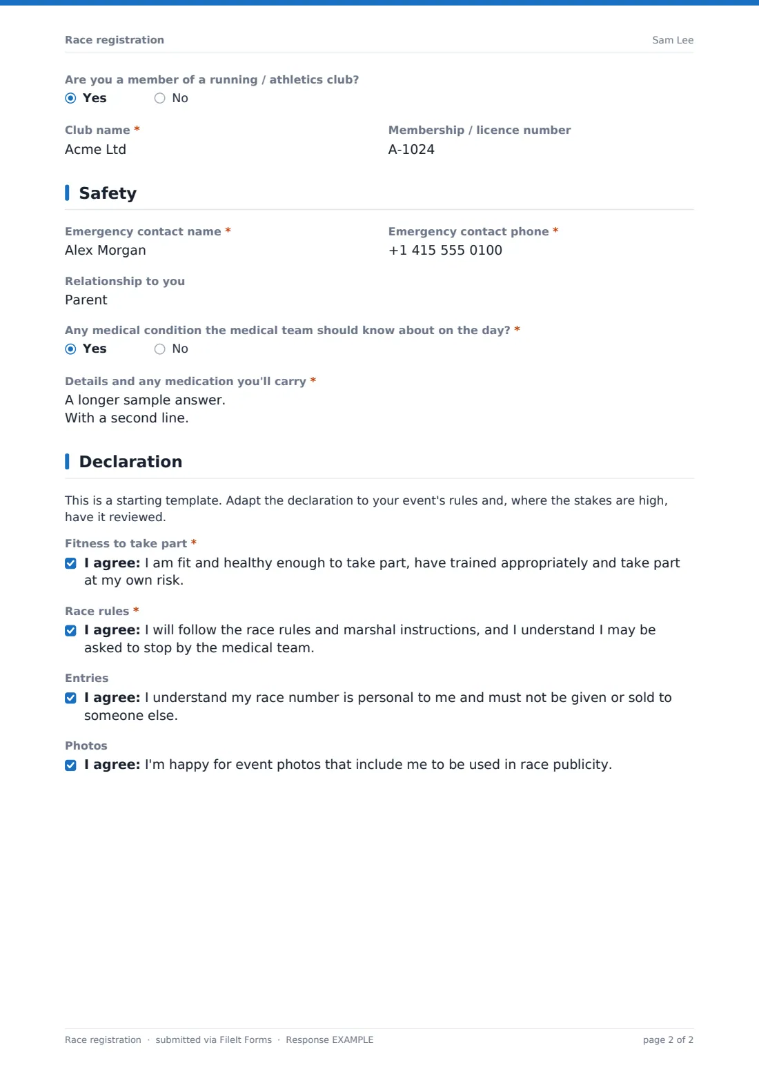 Race registration — example response PDF, page 2 of 2
