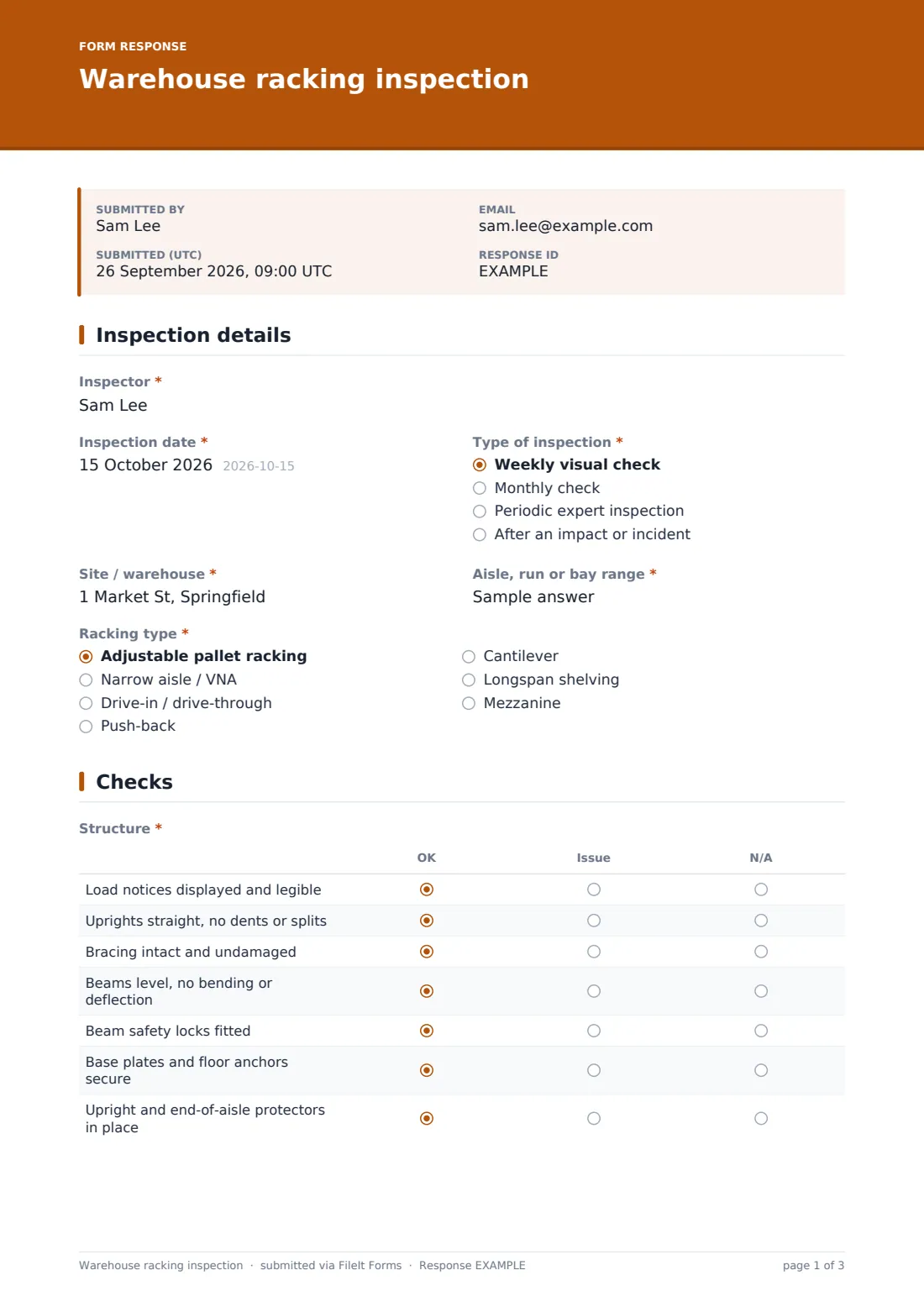 Warehouse racking inspection — example response PDF, page 1 of 3