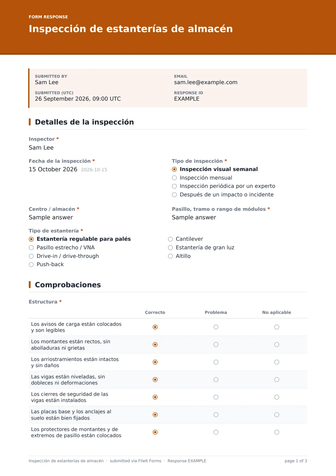 Inspección de estanterías de almacén — PDF de respuesta de ejemplo, página 1 de 3