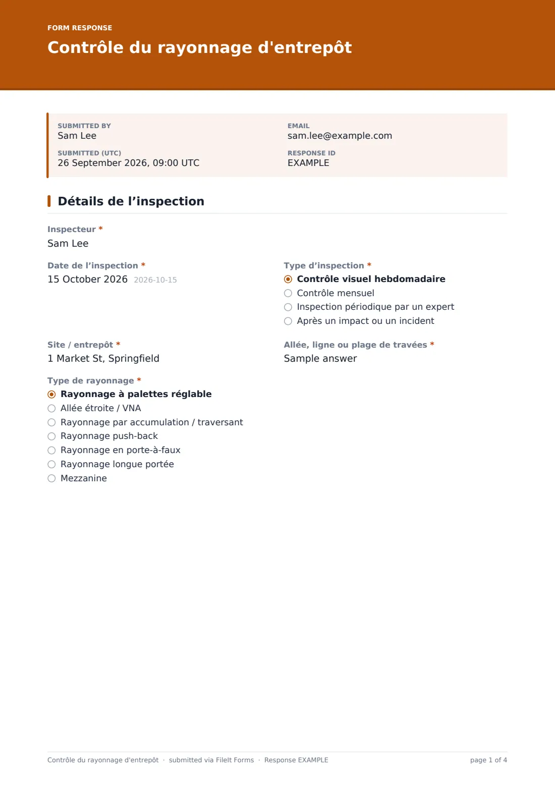 Contrôle du rayonnage d'entrepôt — exemple de réponse au format PDF, page 1 sur 4