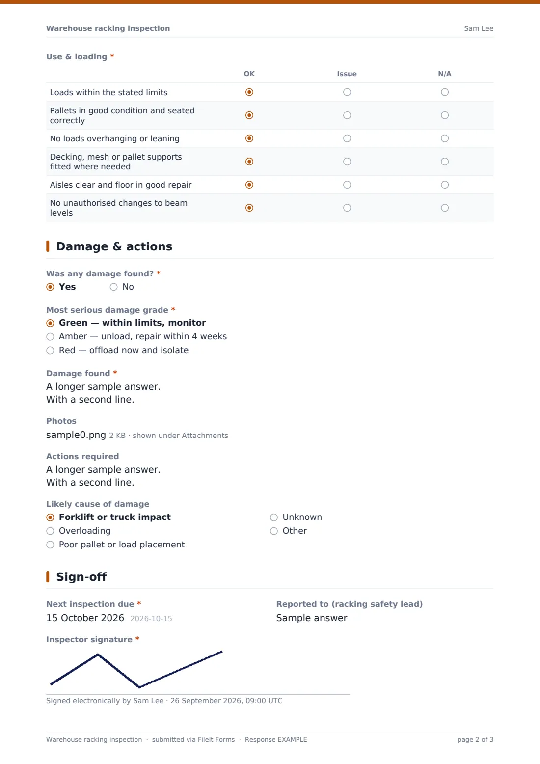 Warehouse racking inspection — example response PDF, page 2 of 3