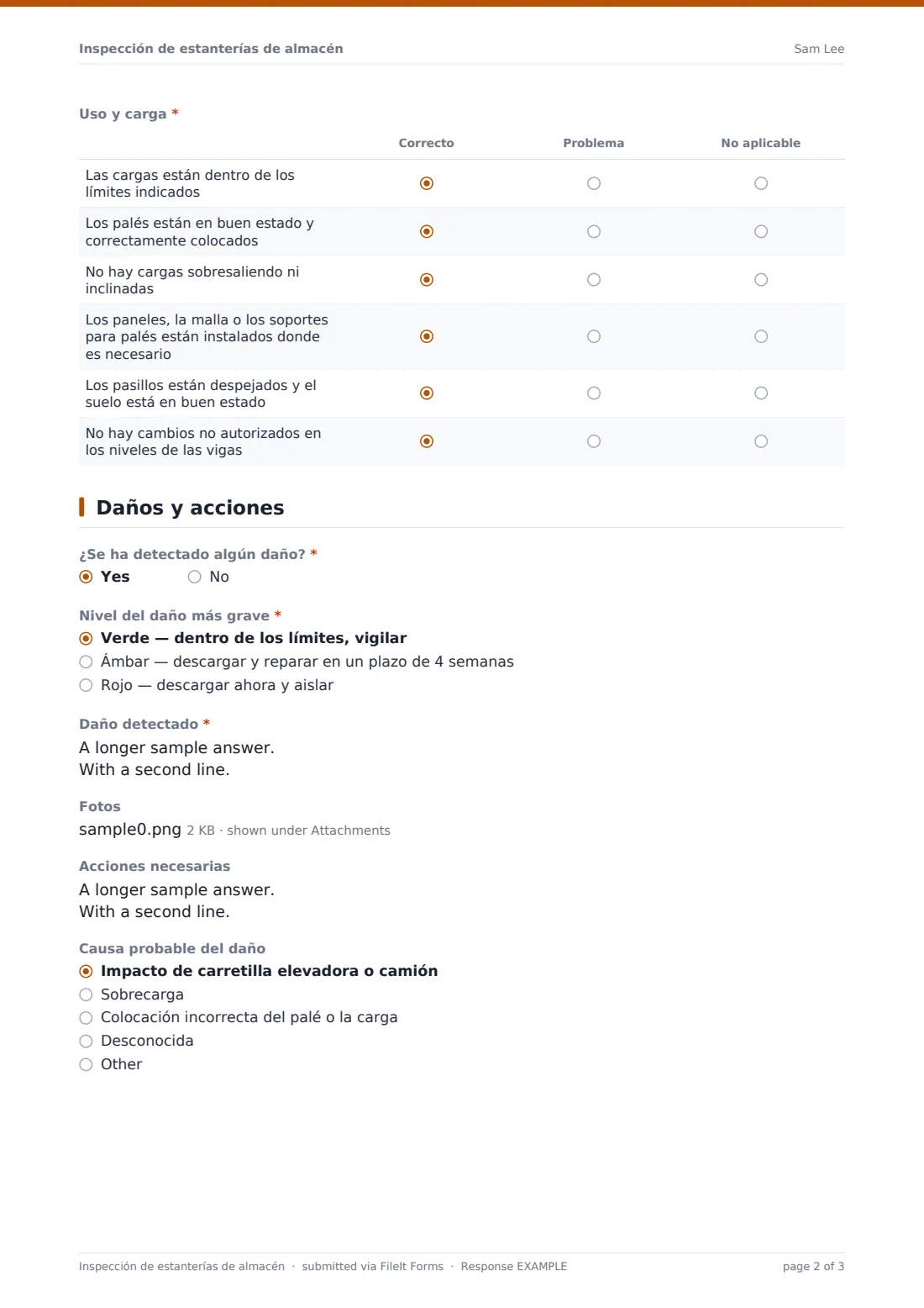 Inspección de estanterías de almacén — PDF de respuesta de ejemplo, página 2 de 3