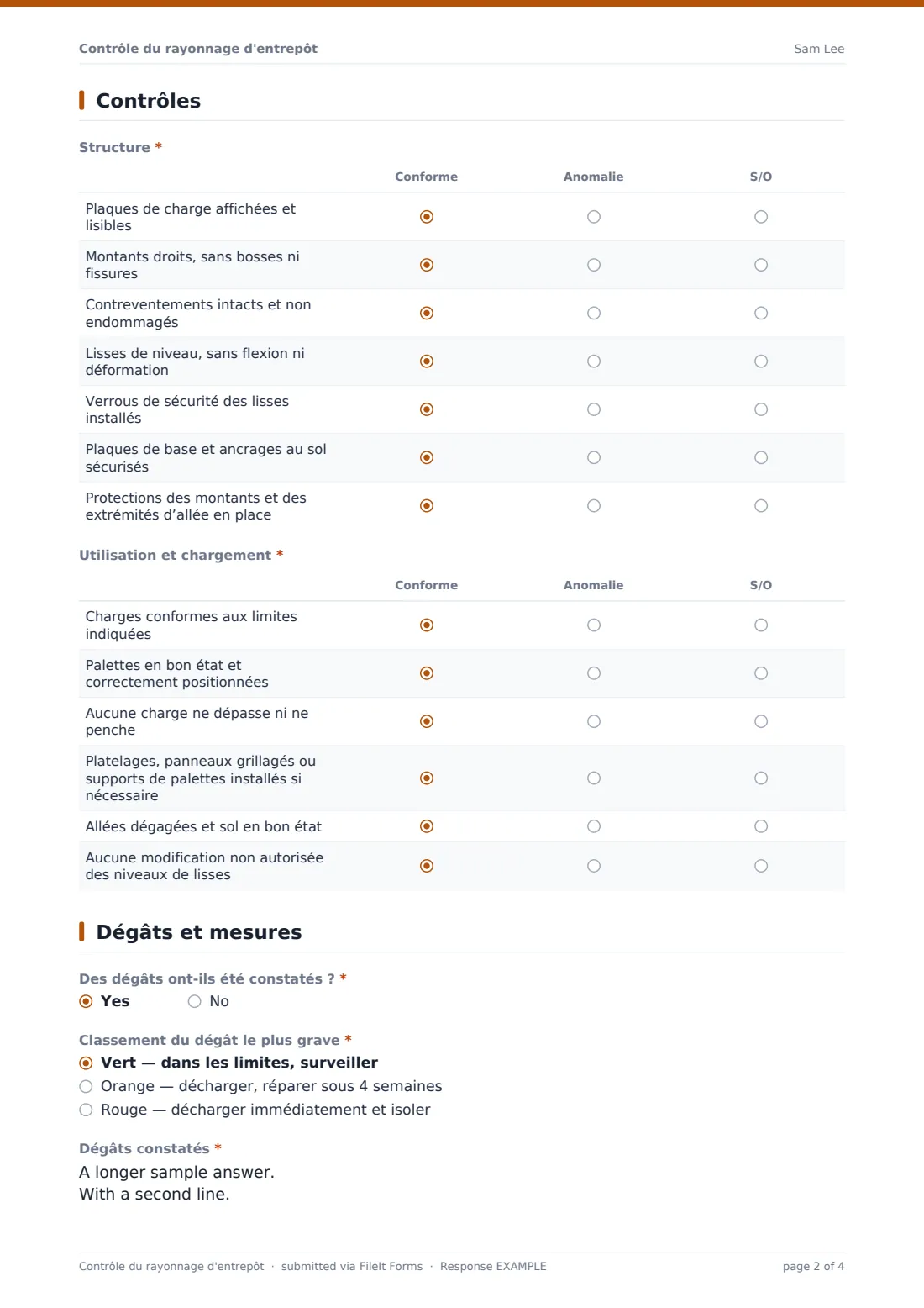 Contrôle du rayonnage d'entrepôt — exemple de réponse au format PDF, page 2 sur 4