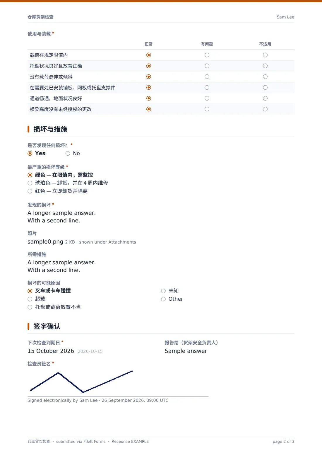 仓库货架检查 — 示例回复 PDF，第 2 页，共 3 页